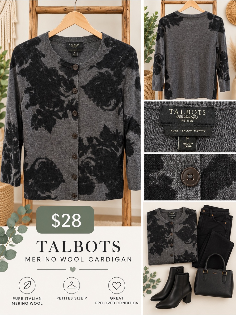 Talbots Gray and Black Merino Wool Floral Cardigan SP